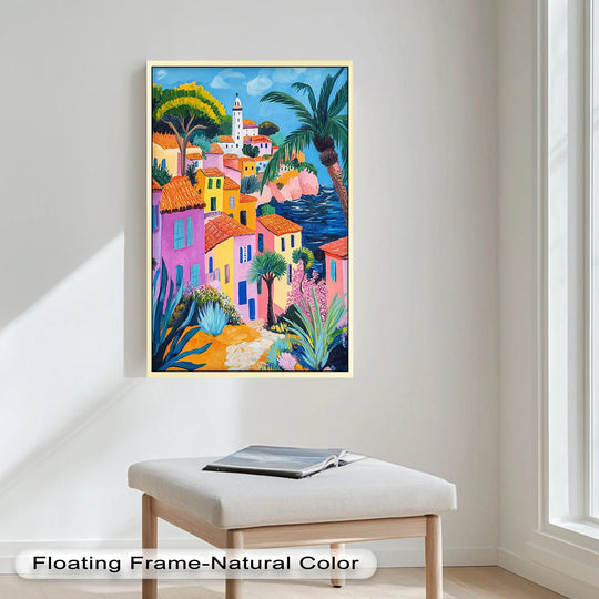 Illuminating light and shadow define the vibrant hues of the Mediterranean coastal village in this Fauvist oil painting wall art, adding depth to the colorful architecture.