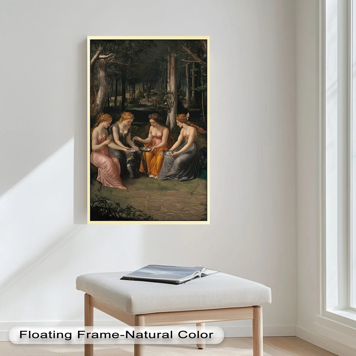 The contrasting light and dark shades enhance the ethereal beauty of this oil painting reproduction print, highlighting the forest nymphs in a mythical gathering.