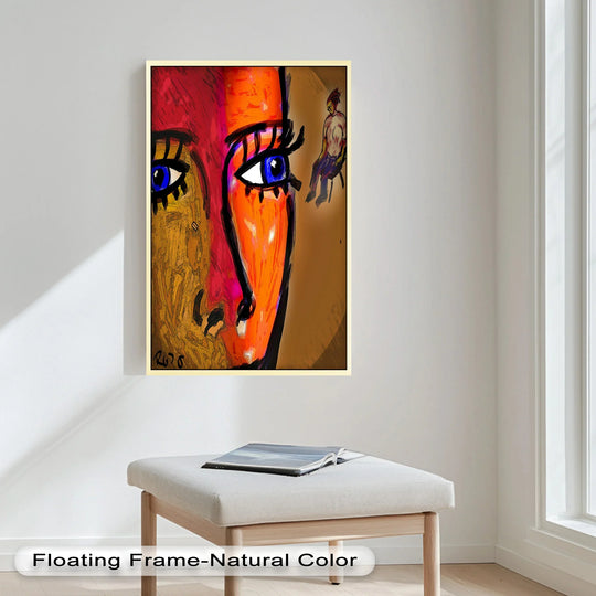 Depth and layers are created in this abstract expressionist portrait, a vivid oil painting home decor piece showcasing a face with intense blue eyes.