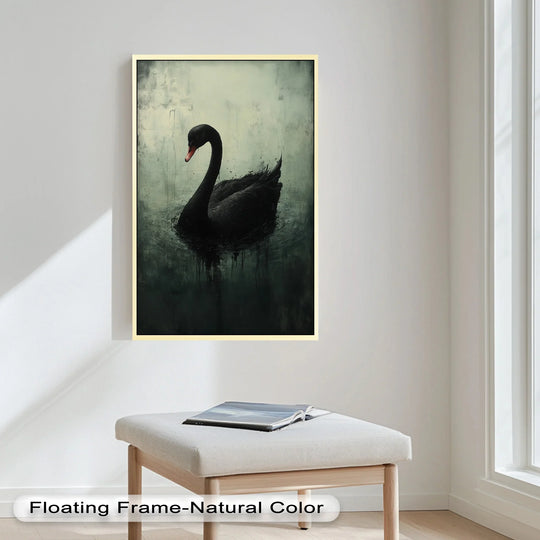 Predominantly dark, this moody black swan oil painting artwork showcases deep blacks and grays, giving it a dramatic and evocative feel.