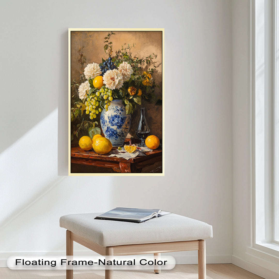 A warm and realistic painting of a floral bouquet with fruit, capturing natural textures and harmonious colors on a wooden table.