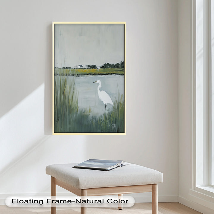Egret by the Marsh – Minimalist Landscape Oil Painting