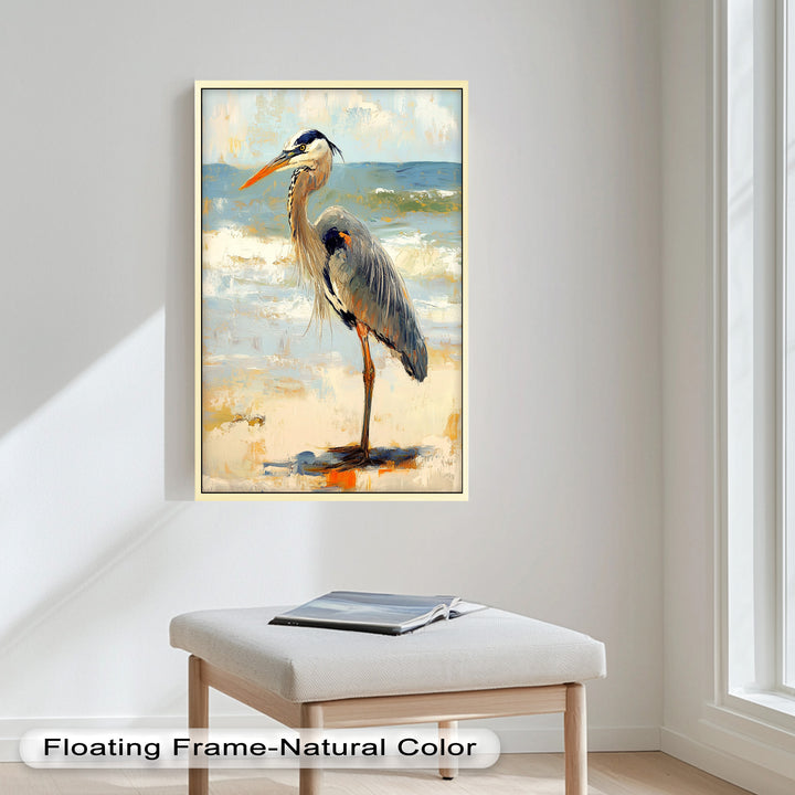 Elegant Heron Standing on Shoreline – Framed Oil Painting