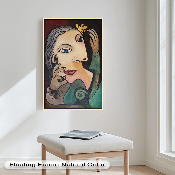 Whimsical Bloom – Surreale Frau mit gelber Blume Picasso Ölgemälde