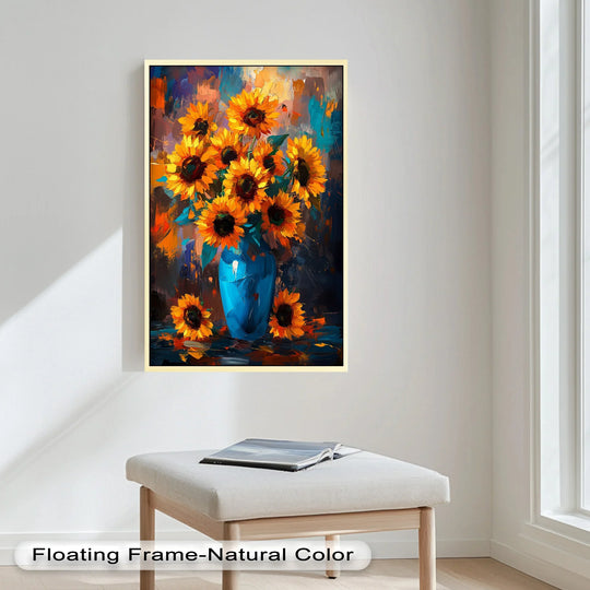 The neutral finish highlights this oil painting wall art featuring bold sunflowers in a vivid blue vase, creating a sunlit joy.