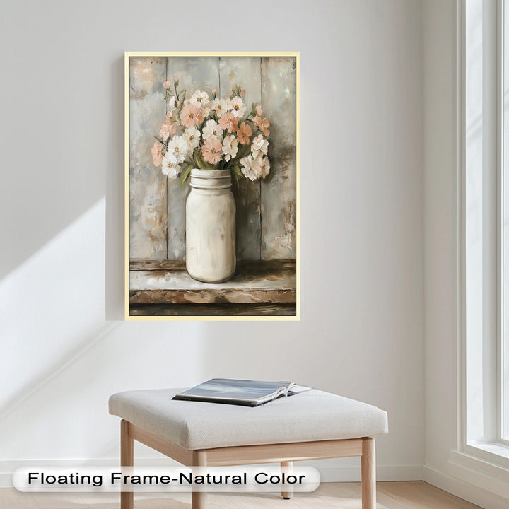 Blush & Cream Blooms – Rustic Mason Jar Flower Oil Painting