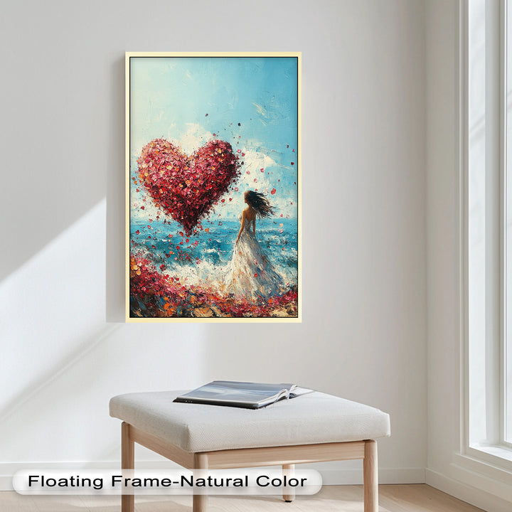 Woman with Heart-Shaped Petals Over the Sea - Love Oil Painting