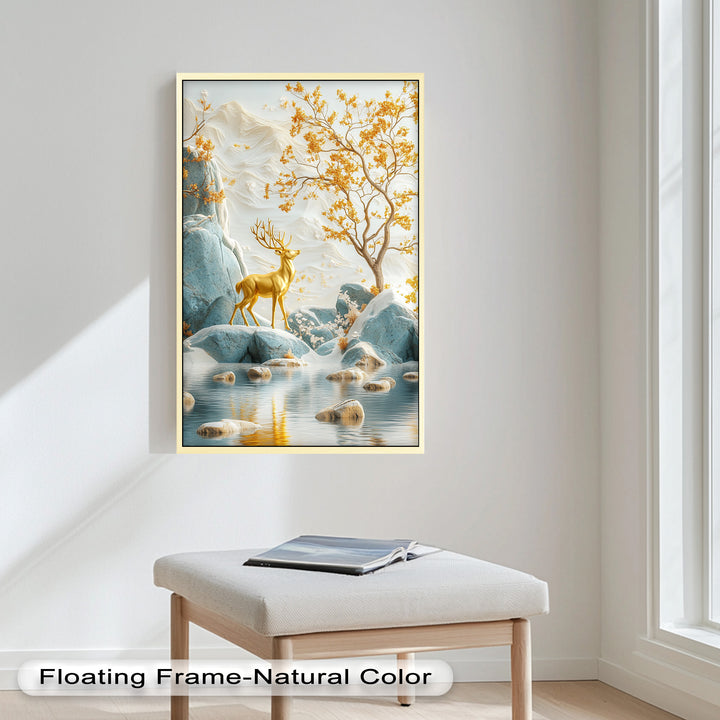Golden Deer in Snowy Mountain - Animal Oil Painting