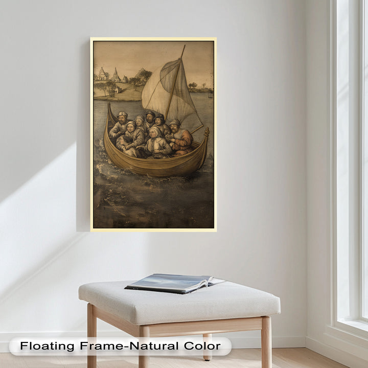 Medieval Sailors in Wooden Vessel - Historic Oil Painting
