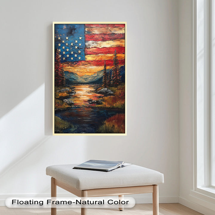 Amerikanische Flagge Sonnenuntergang Landschaft - Patriotisches Ölgemälde