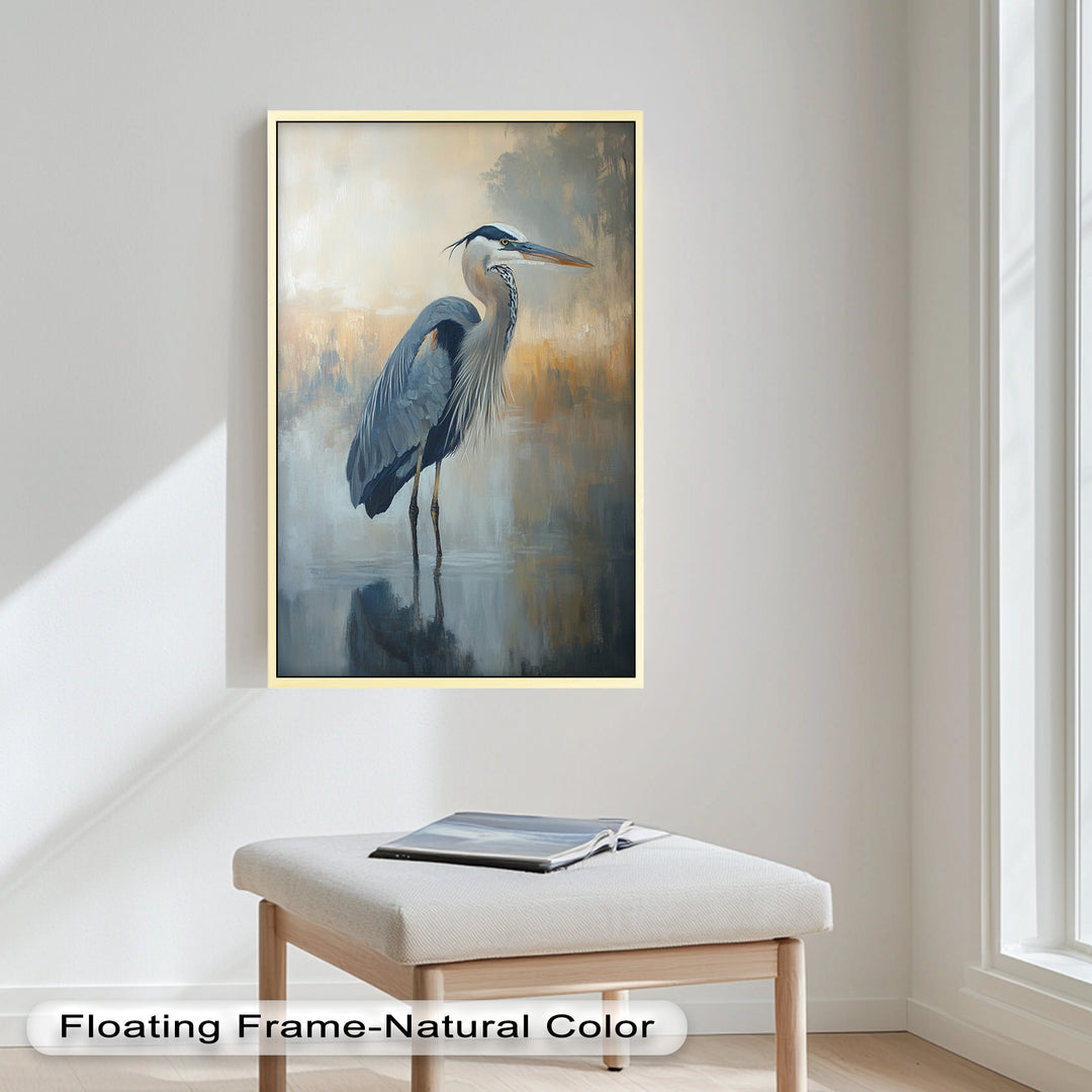 Heron in Misty Marshland - Framed Oil Painting