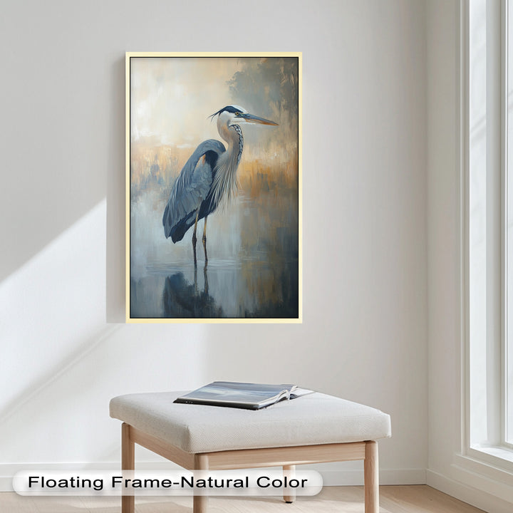 Heron in Misty Marshland - Framed Oil Painting