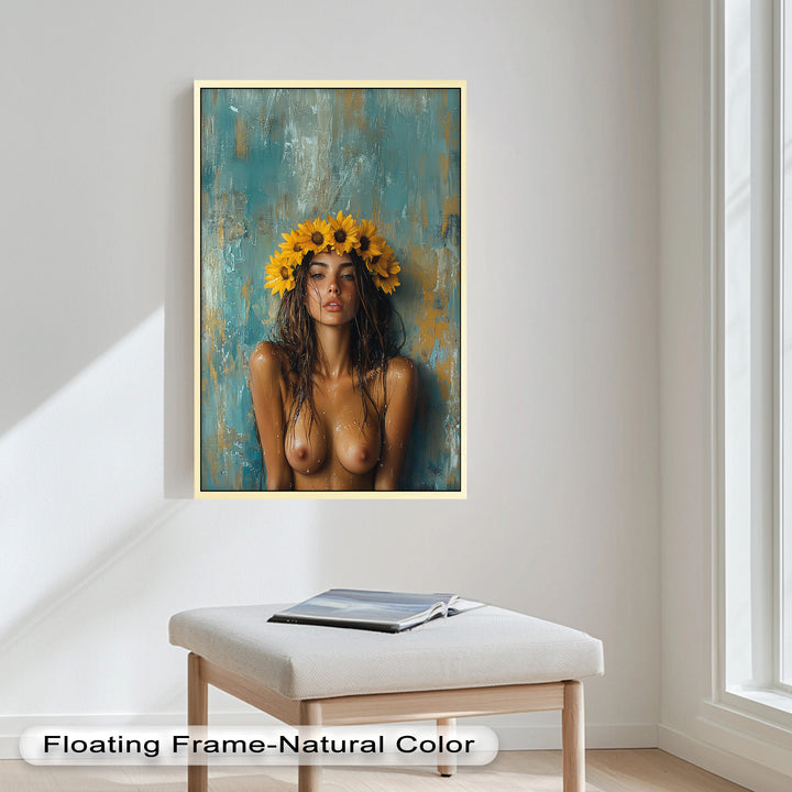 Sun-Kissed Solstice – Woman with Sunflower Crown Abstract Oil Painting