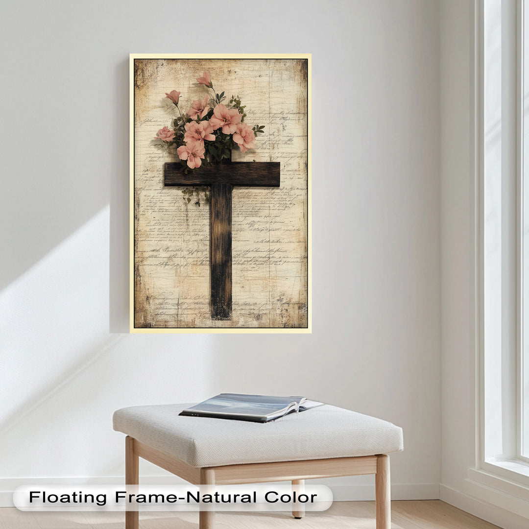 Holzkreuz mit rosa Blüten - Christliches Ölgemälde