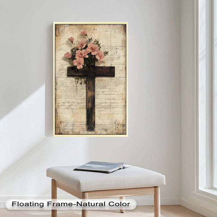 Holzkreuz mit rosa Blüten - Christliches Ölgemälde