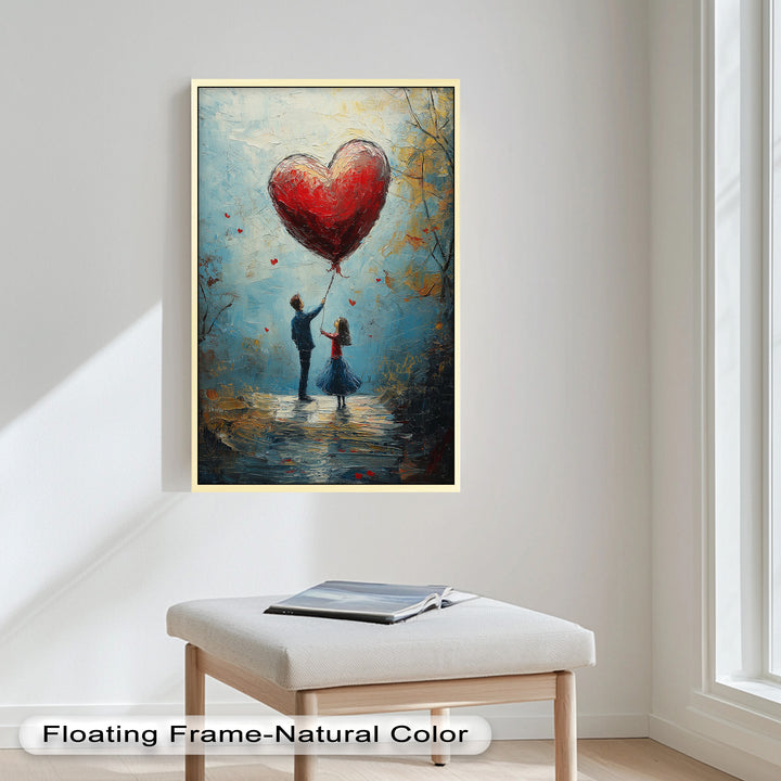 Romantic Red Heart Balloon Scene - Love Oil Painting
