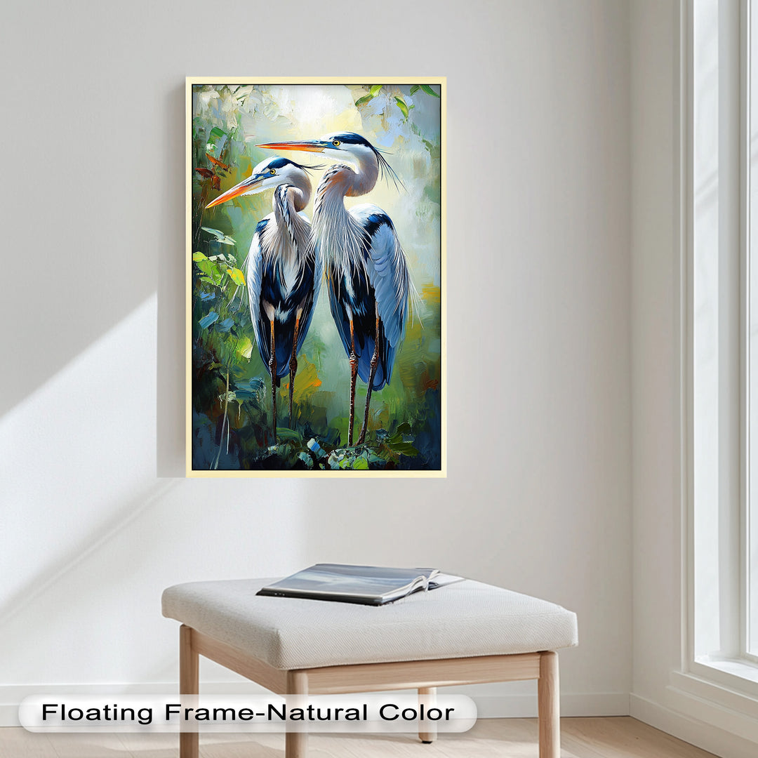 Pair of Herons in Forest Light – Animal Oil Painting