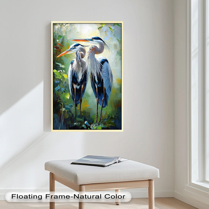 Pair of Herons in Forest Light – Animal Oil Painting