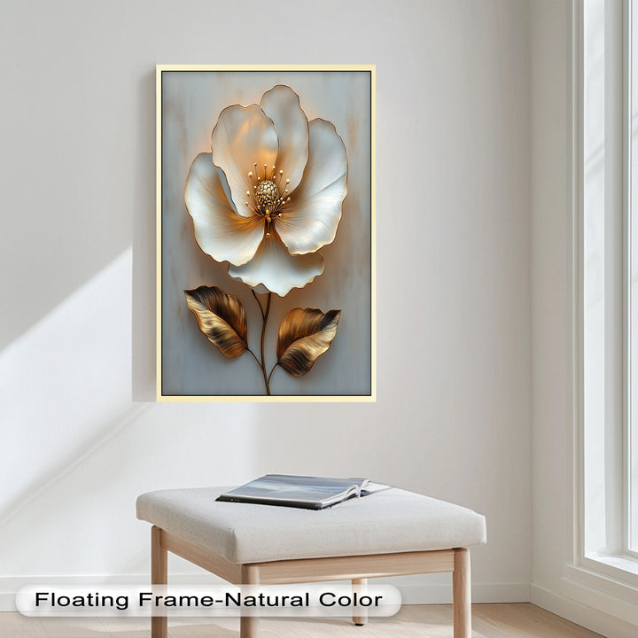 Golden Glow Bloom – White and Gold Flower Oil Painting