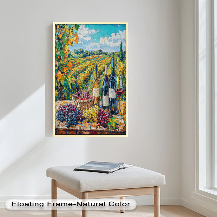 Wine Bottles and Grapes in Sunlit Fields - Still Life Oil Painting