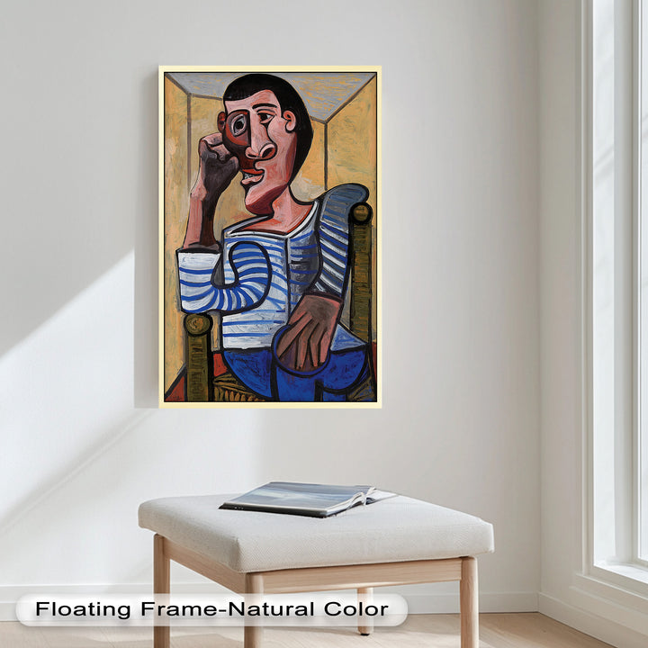 Melancholy in Stripes – Seated Man with Blue Shirt Picasso Oil Painting