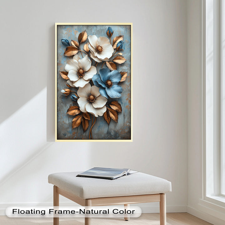 Gilded Petals – Luxuriöses Ölgemälde mit weißen und blauen Blumen