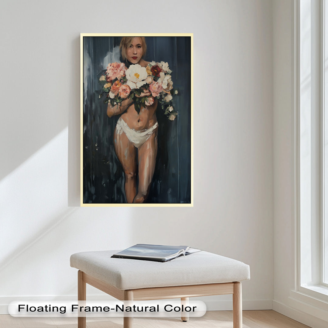 Floral Embrace – Abstract Nude with Blooming Bouquet Oil Painting