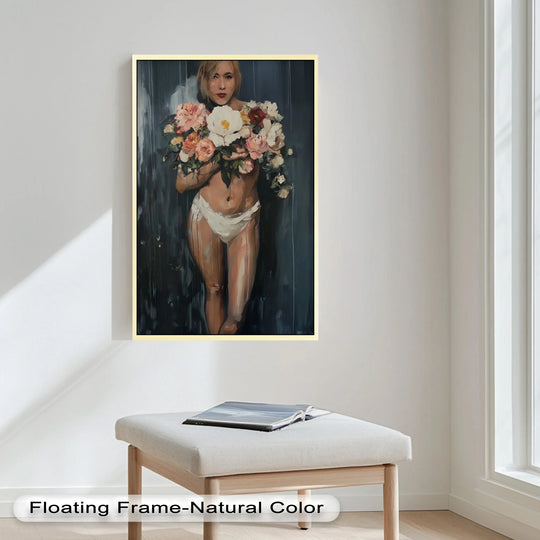 Rectangular framing emphasizes the verticality of the figure in this modern oil painting art, creating sharp, geometric contrast with the figure's curves.