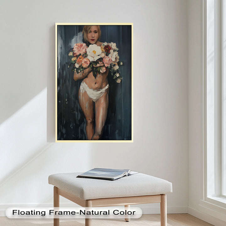 Floral Embrace – Abstract Nude with Blooming Bouquet Oil Painting