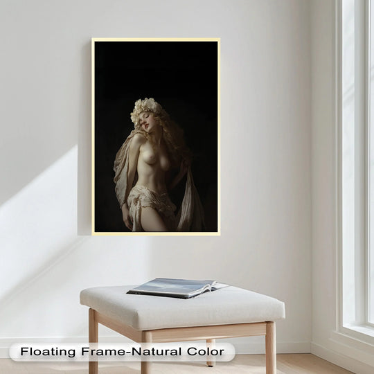 The stillness captures the elegance of this 'Moonlit Reverie' classical nude, a serene oil painting art piece featuring a woman adorned with a floral crown.