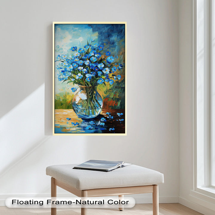 A richly textured painting of wild blue flowers in a transparent vase, surrounded by warm and cool brushstrokes.