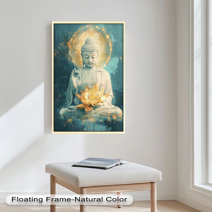 A serene portrait of Buddha with a golden lotus, set against a calming teal background with soft glowing light.