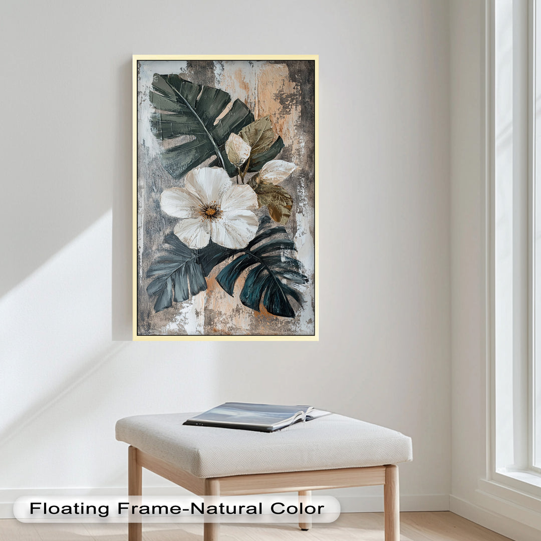White Bloom and Tropical Leaves - Flower Oil Painting