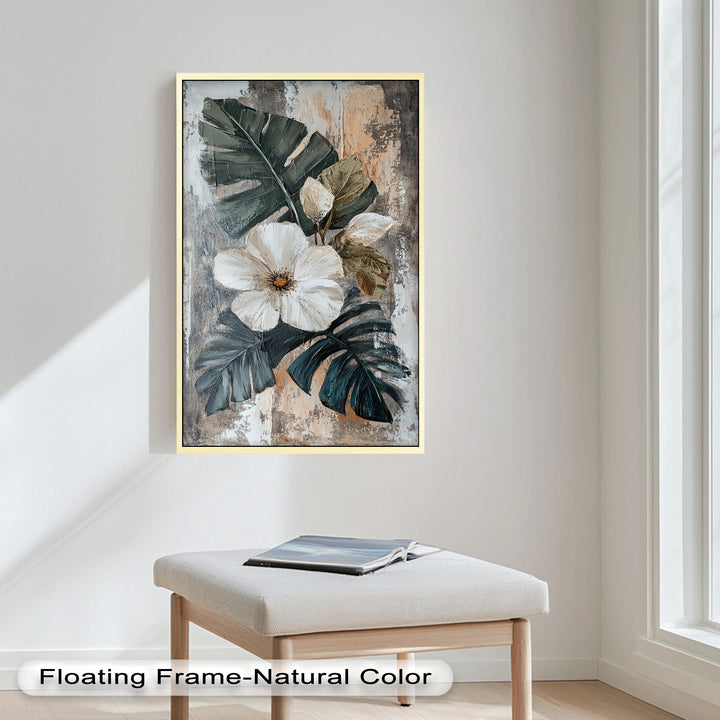 White Bloom and Tropical Leaves - Flower Oil Painting