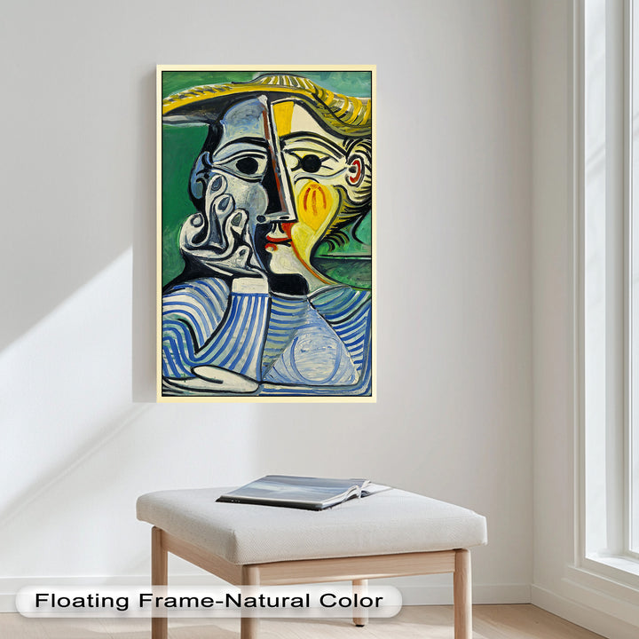 Nachdenklicher Blick – Gestreifte Frau mit Sonnenhut Picasso Ölgemälde