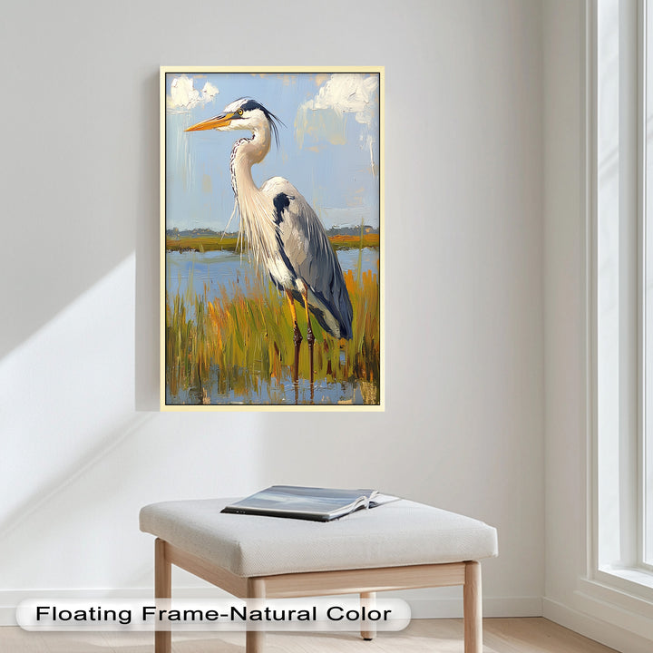 Heron in Sunlit Wetlands – Modern Oil Painting