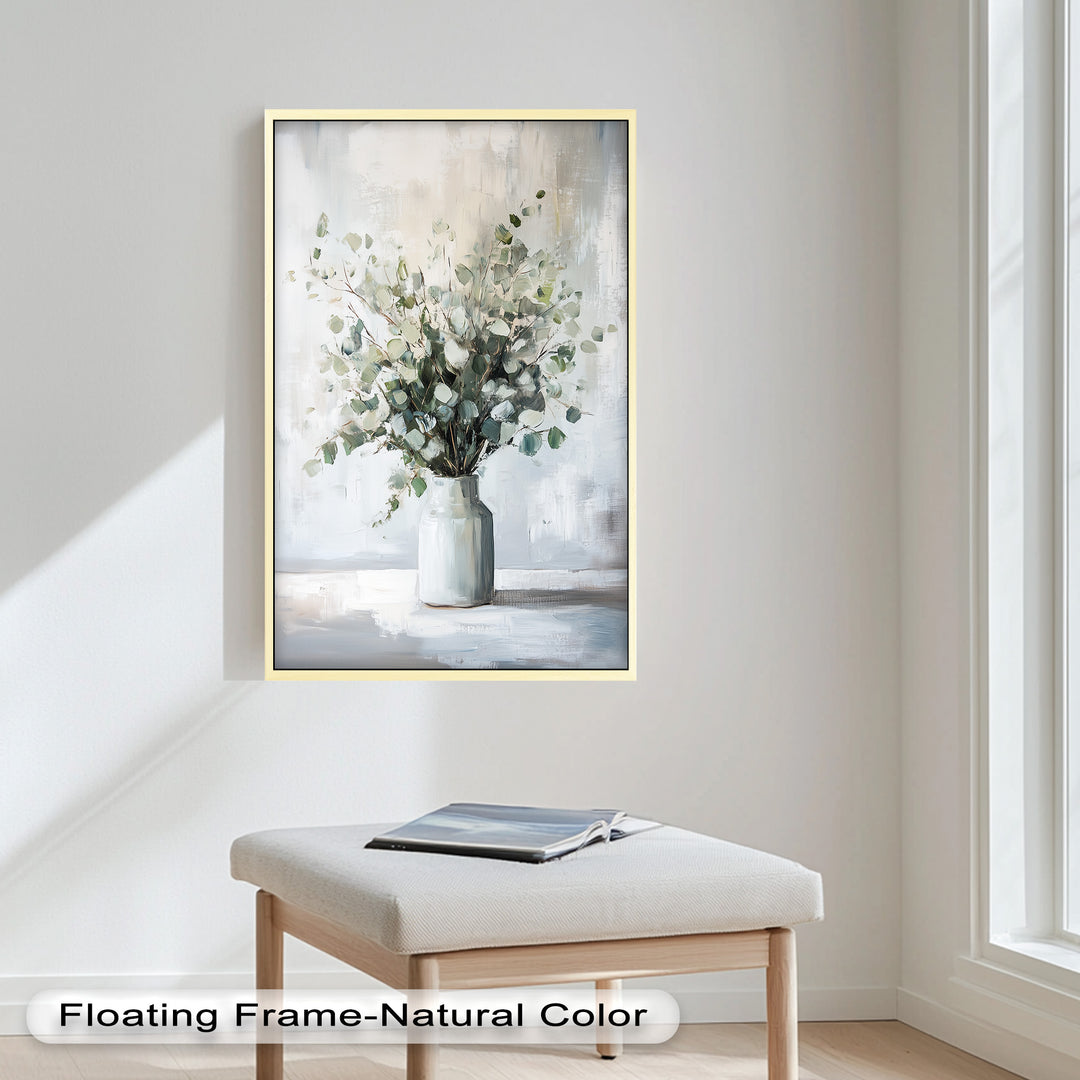 Eucalyptus Essence – Minimalist Greenery in Ceramic Vase Oil Painting