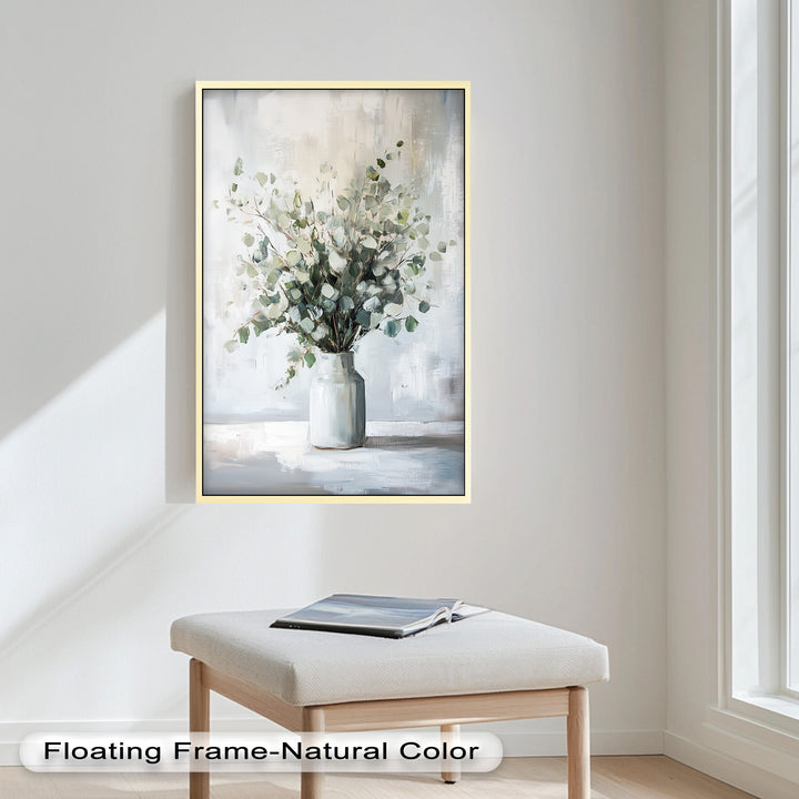 Eucalyptus Essence – Minimalist Greenery in Ceramic Vase Oil Painting