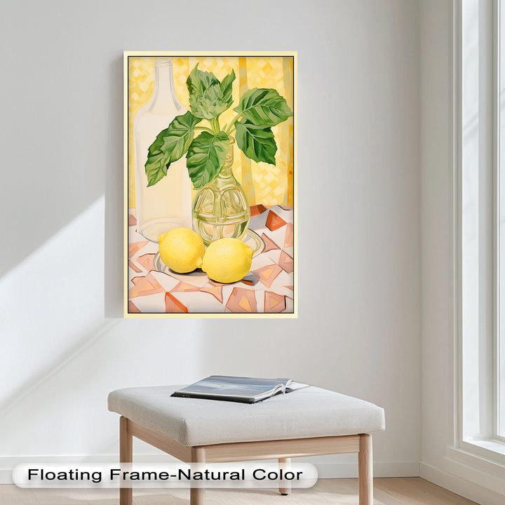 The geometric tiled surface and patterned curtain create a playful setting, enhancing the crisp contrast between the lemons and lush green leaves.