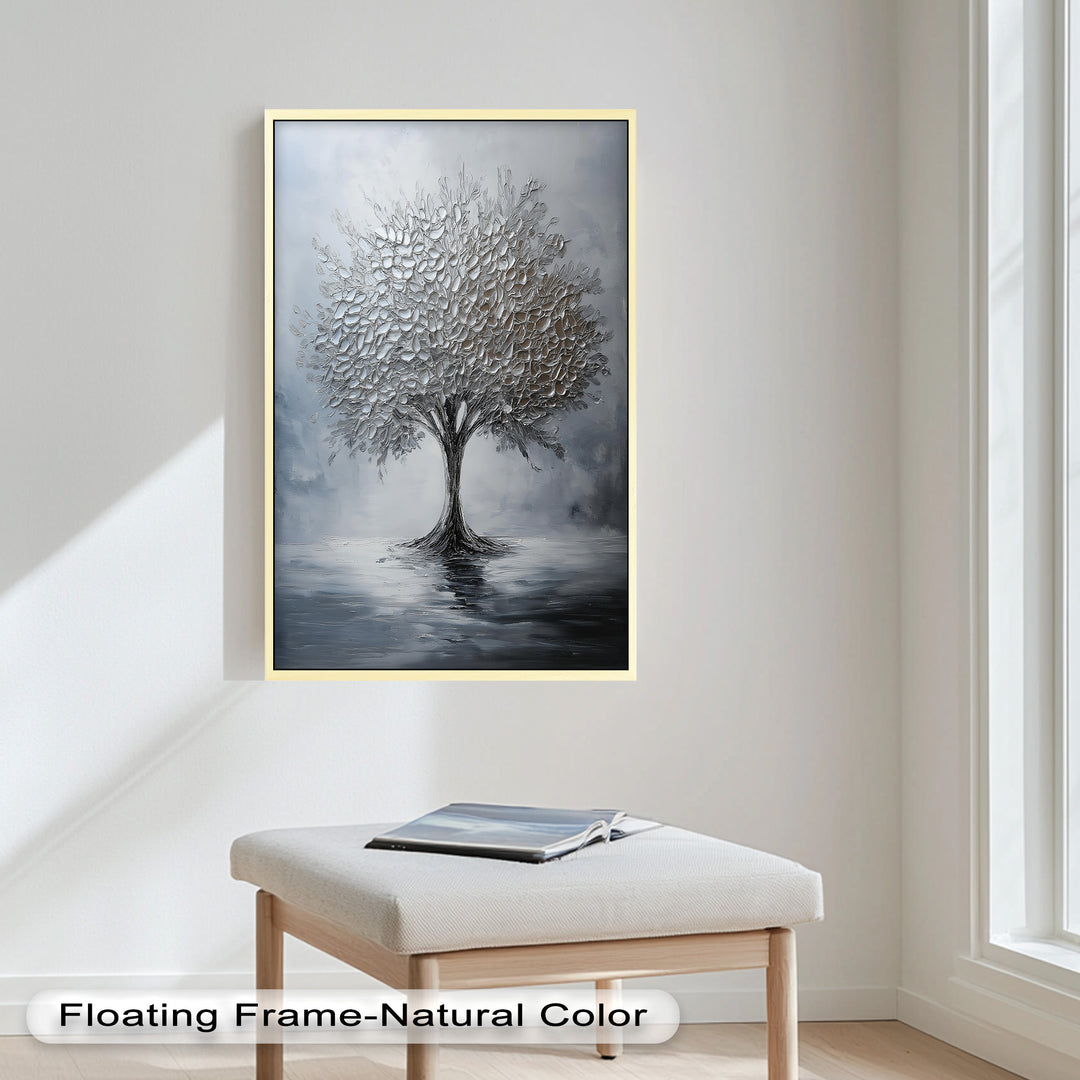 Silver Stillness – Tree in Monochrome Abstract Oil Painting