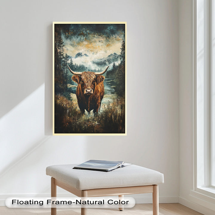 Highland Cow in Misty Pines – Wilderness Oil Painting