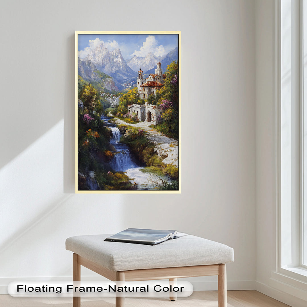 Mountain Abbey by the Falls – Serene Renaissance Oil Painting