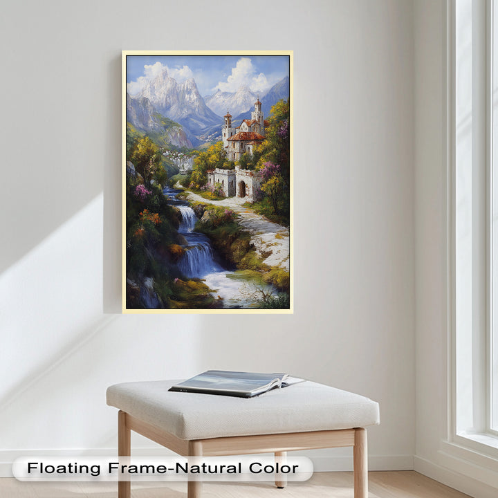 Mountain Abbey by the Falls – Serene Renaissance Oil Painting
