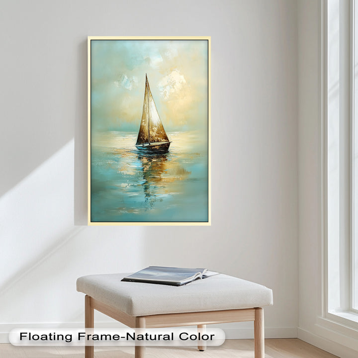 Golden Drift – Ruhiges Segelboot bei Sonnenaufgang, Boot-Ölgemälde
