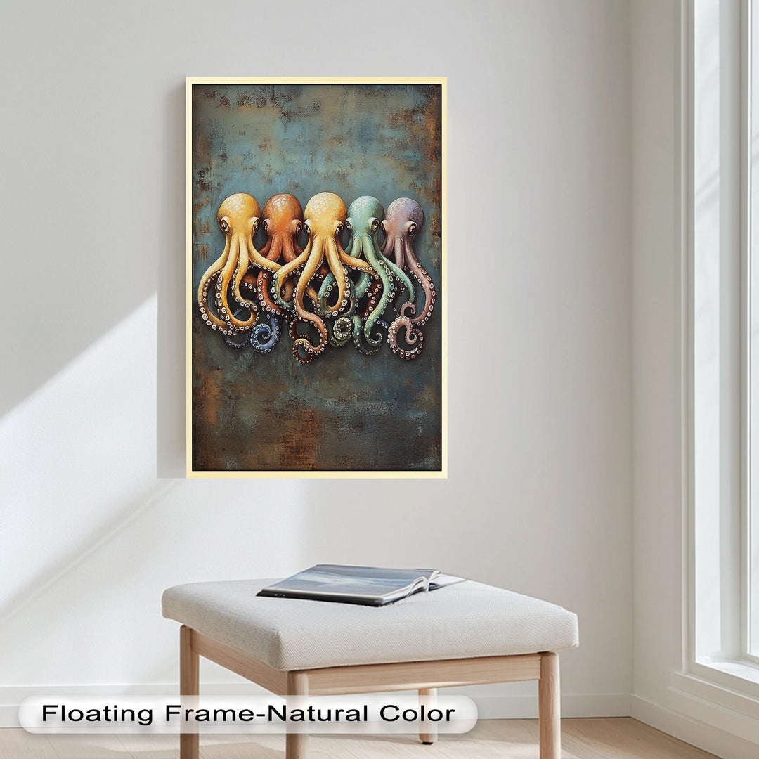 Whimsical Row of Octopuses – Colorful Sea Life Animal Oil Painting