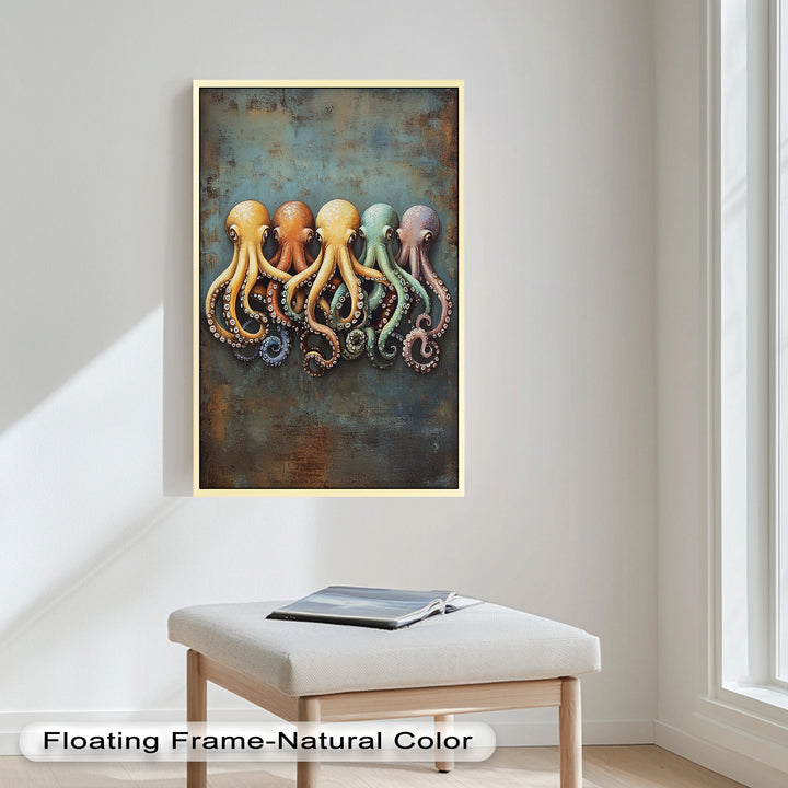 Whimsical Row of Octopuses – Colorful Sea Life Animal Oil Painting