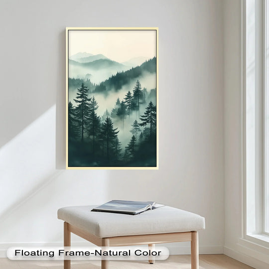 The focal point of this misty forest landscape is the intricate detail within the oil painting artwork of the lush, verdant pine trees shrouded in atmospheric mist.