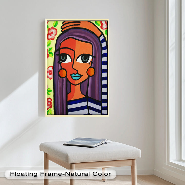Striped Radiance – Playful Woman with Purple Hair Picasso Oil Painting