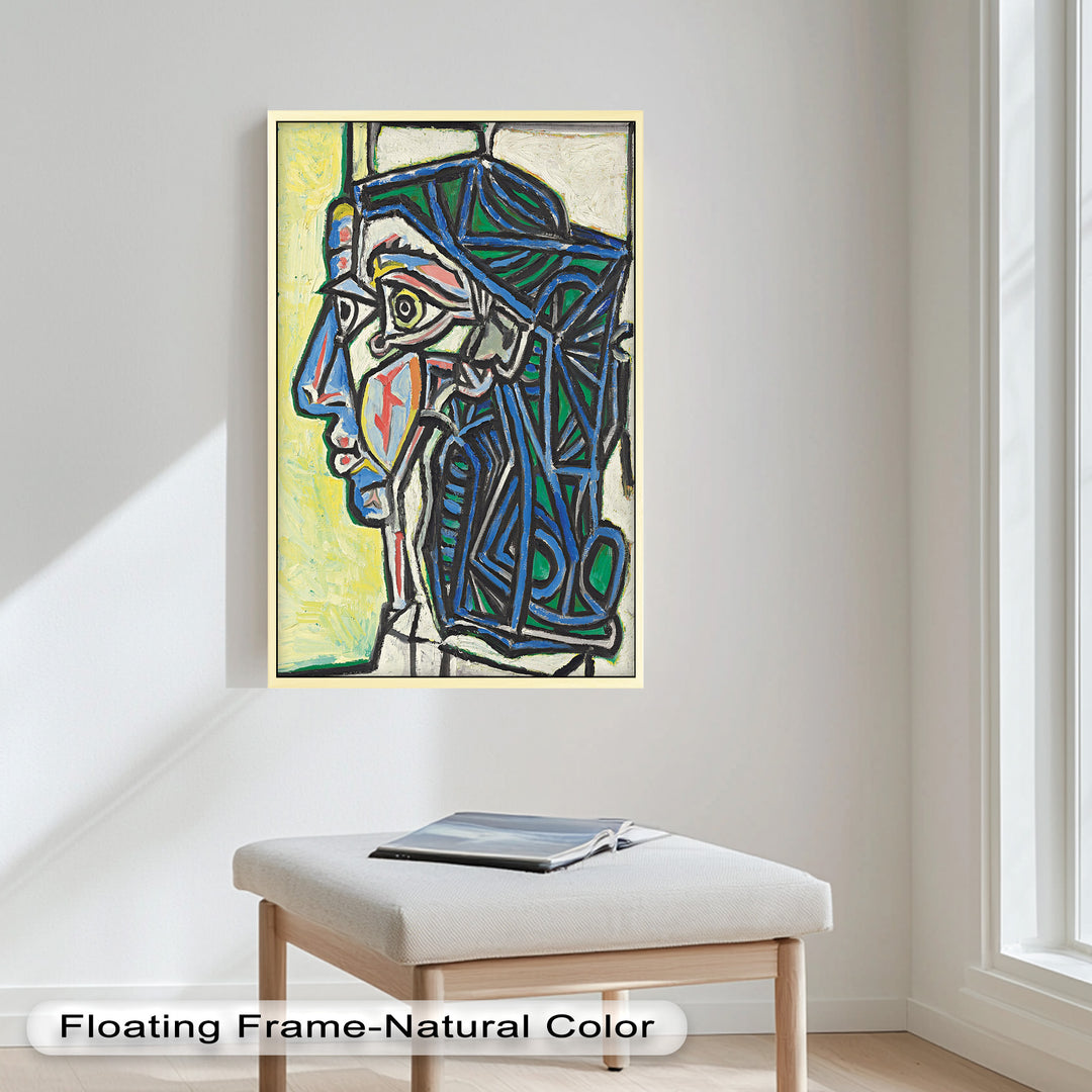 Angular Gaze – Geometric Portrait with Blue and Green Lines Picasso Oil Painting