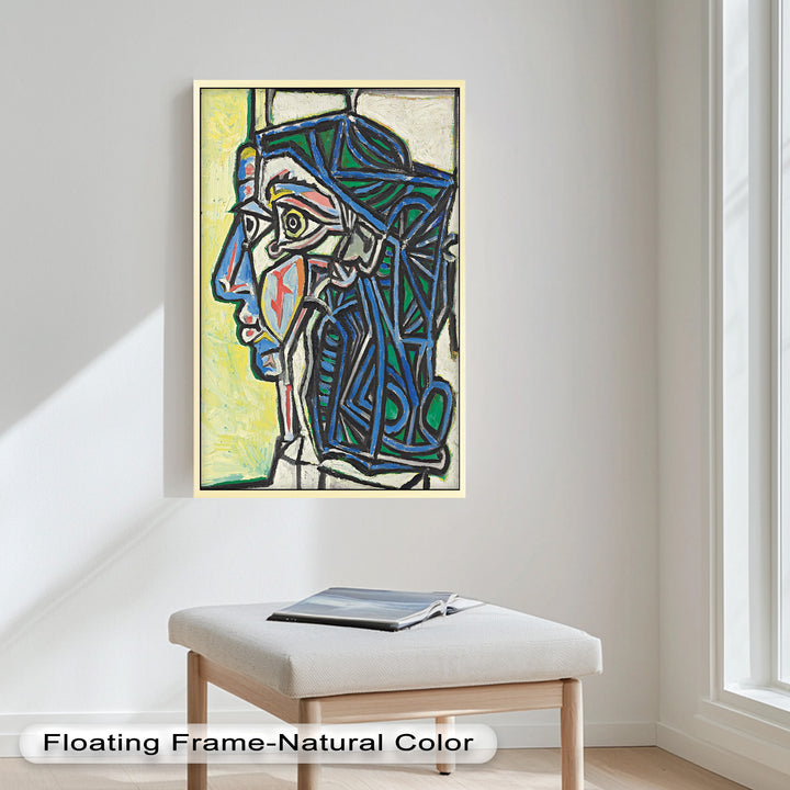 Angular Gaze – Geometric Portrait with Blue and Green Lines Picasso Oil Painting